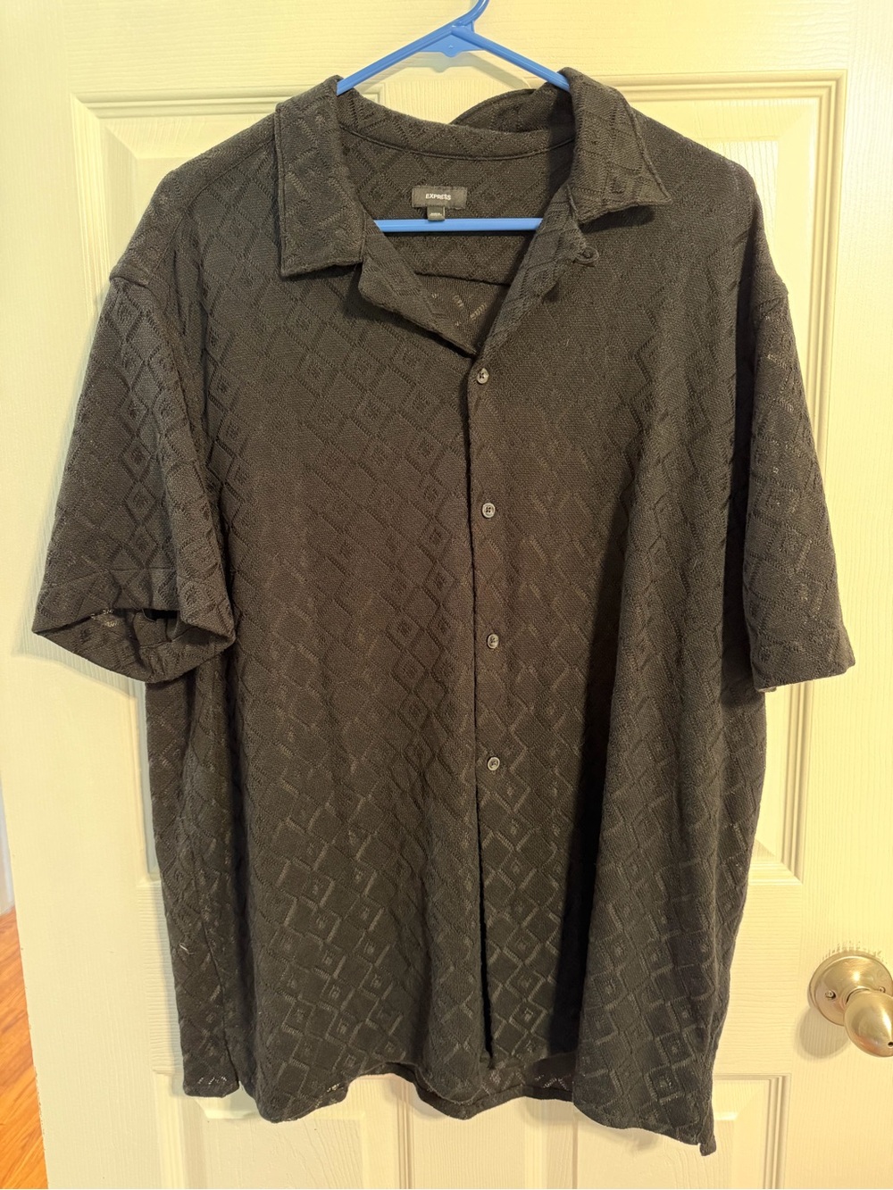 Express Men's Black Short-Sleeve Button-Up Shirt with Diamond Texture